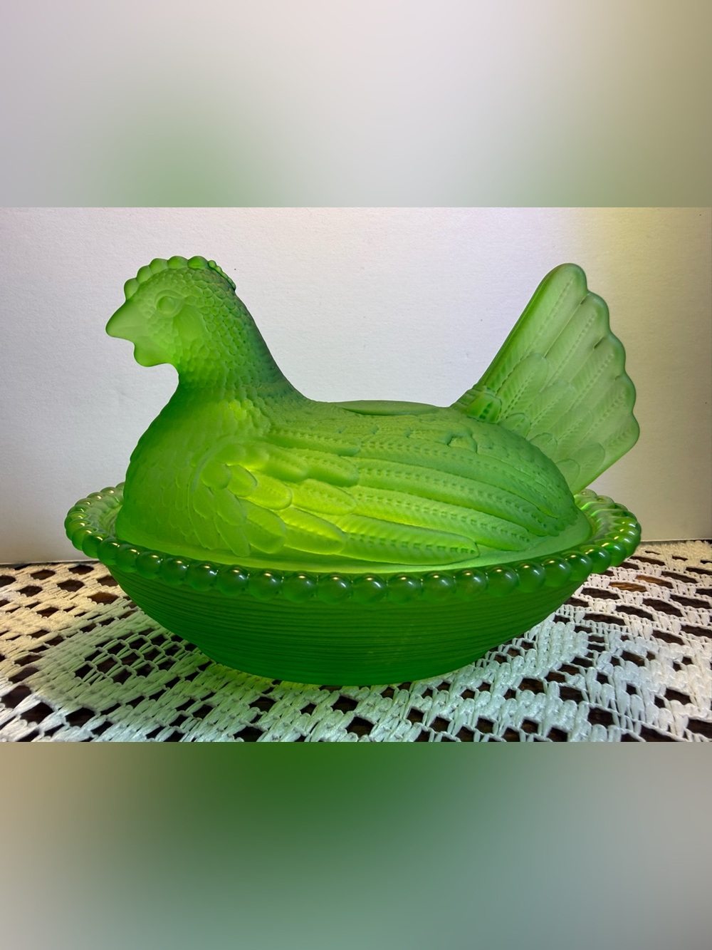 Olive Green Decorative Glass Hen on Nest